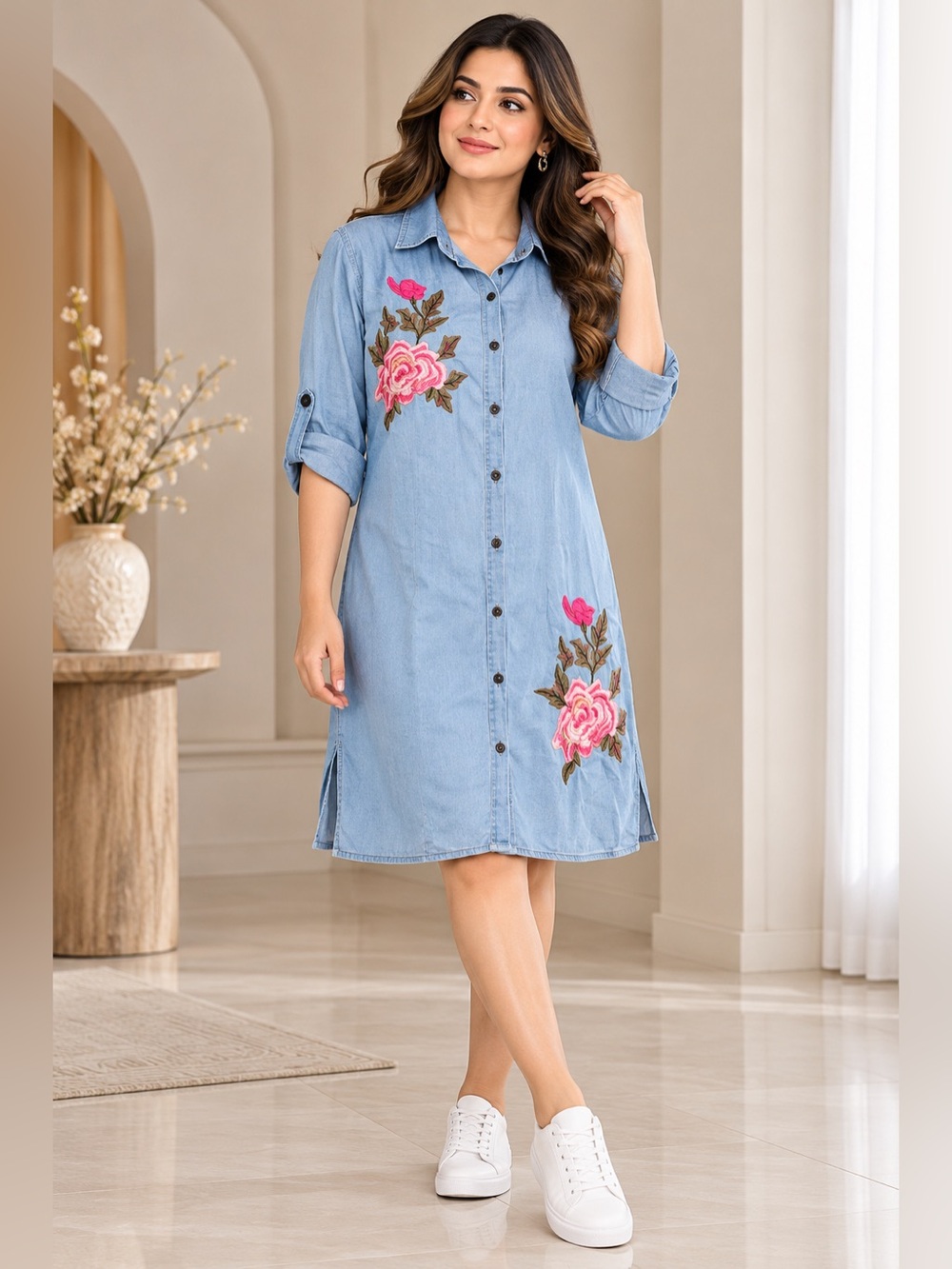 Speed Control New York Size M Blue Floral Embroidered Button Front Shirt Dress